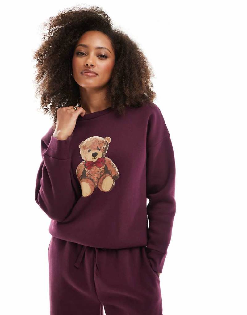 Miss Selfridge - Sweatshirt in Burgunderrot mit Teddy-Print-Braun von Miss Selfridge