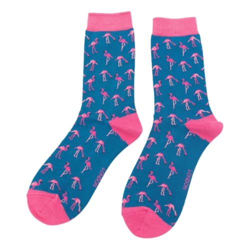 Miss Sparrow Pinke Flamingos auf Denim, Damen-Knöchelsocken für Erwachsene, Einheitsgröße, denim, 3-7 von Miss Sparrow