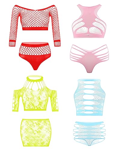 Damen Fischnetz Bodys Dessous Nachtwäsche Spitze Strümpfe Blumen für Romantische Datum Tragen Reizwäsche (4Pack) von MissAvid