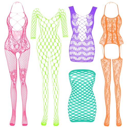 Damen Fischnetz Bodys Dessous Nachtwäsche Spitze Strümpfe Blumen für Romantische Datum Tragen Reizwäsche (5Pack) von MissAvid