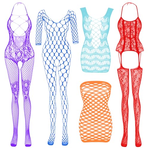 Damen Fischnetz Bodys Dessous Nachtwäsche Spitze Strümpfe Blumen für Romantische Datum Tragen Reizwäsche (5Pack) von MissAvid