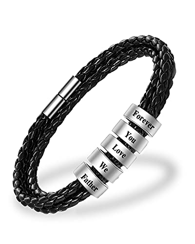 MissChic Namensarmbänder Personalisierte Schwarz/Braun/Weiß Armband S925 Silber Herren Lederarmband Gravur Geflochten Leder Männer Armbänder Freundschaft Familie Geschenk für Valentinstag Geburtstag von MissChic