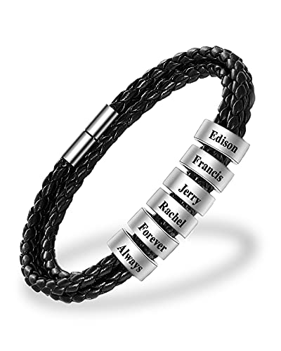 MissChic Namensarmbänder Personalisierte Schwarz/Braun/Weiß Armband S925 Silber Herren Lederarmband Gravur Geflochten Leder Männer Armbänder Freundschaft Familie Geschenk für Valentinstag Geburtstag von MissChic