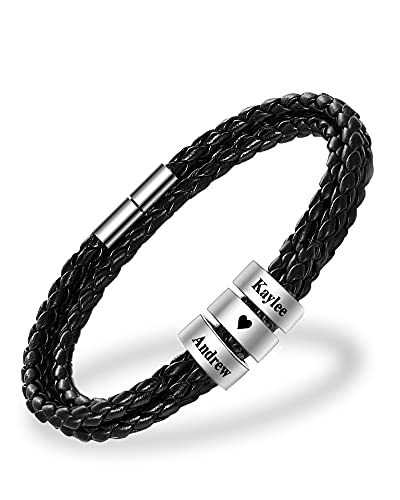 MissChic Namensarmbänder Personalisierte Schwarz/Braun/Weiß Armband S925 Silber Herren Lederarmband Gravur Geflochten Leder Männer Armbänder Freundschaft Familie Geschenk für Valentinstag Geburtstag von MissChic