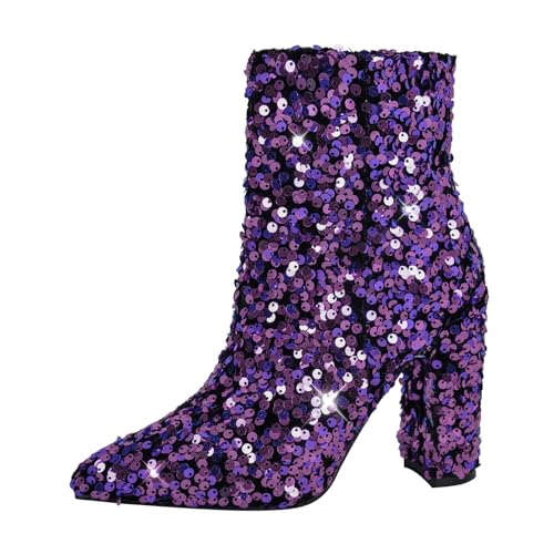 MissHee Glänzende Kurzschaftstiefel mit Blockabsatz Glitzer Chunky Heels Halbstiefel Violett EU 42 von MissHeel