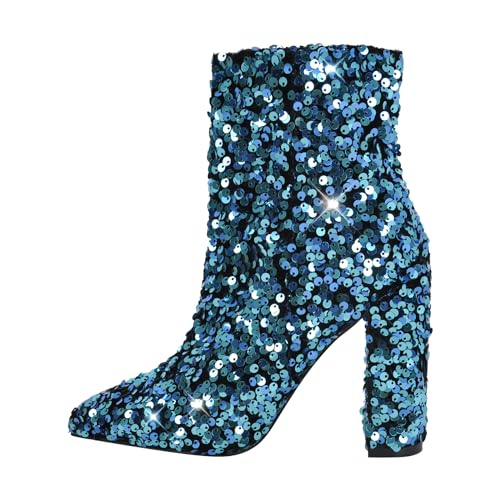 MissHee Glänzende Stiefeleeten mit Blockabsatz Glitzer Chunky Heels Knöchelstiefel Blau EU 41 von MissHeel
