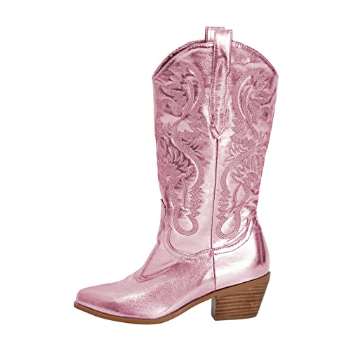 MissHeel Cowboystiefel mit Blockasbatz Retro Cowgirl Boots Glitter Glänzende Abendschuhe Chunky Heels Boot Damenstiefel Pink Rossa EU 35 von MissHeel