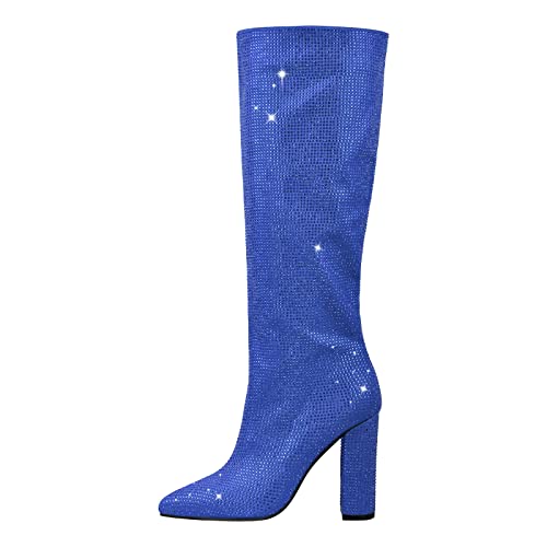 MissHeel Damen Diamant Langschaft Stiefel mit Blockabsatz Diamant Schlupfstiefel Kniestiefel Metallic Party Boots Blau EU44 von MissHeel