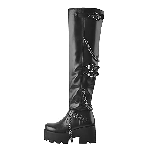 MissHeel Damen Kniehoch Stiefeletten Weitschaft Goth Schlupfstiefel Kniestiefel Niederiger Blockabsatz Cool Punk Schwarz EU 44 von MissHeel