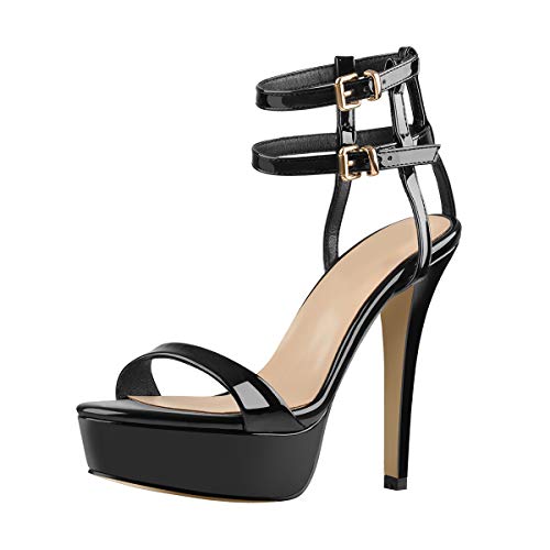 MissHeel Damen Lack Sandaletten Plateau Offene Zehenpartie Stiletto Absatz Sandalen mit Knöchelriemchen Lack Schwarz 40 EU von MissHeel