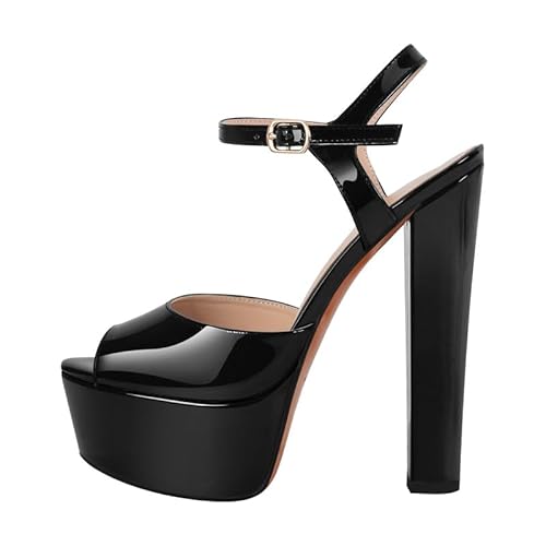 MissHeel Damen Peeptoe Sandaletten Plateau Riemchensandalen High Heels Blockabsatz Pumps mit Schnalle Trichterabsatz Leder Schwarz 39 EU von MissHeel