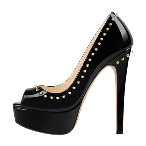 MissHeel Damen Peeptoes Plateau Pumps Elegante Stiletto High Heels für Büro Party Kleid Lack Optik Nieten Pumps Schwarz EU 39 MissHeel Damen Peeptoes Plateau Pumps Elegante Stiletto High Heels für Büro Party Kleid Lack Optik Nieten Pumps Schwarz EU 39 von MissHeel