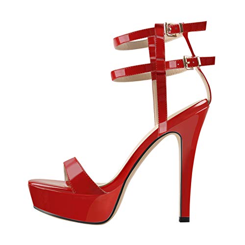MissHeel Damen Plateau Sandalen Offene Zehenpartie Stiletto Absatz Sandaletten mit Fesselriemchen Metallic Rot 43 EU von MissHeel