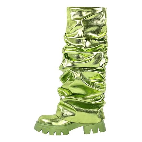 MissHeel Damen Plateau Stiefel Elastischer Stiefel mit Metallic Farbe Grün 44 EU von MissHeel
