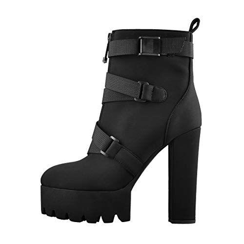 MissHeel Damen Plateau Stiefeletten mit Zier-Riemen und -Schnallen Sportliche Ankle Boots Blockabsatz Schwarz 38 EU von MissHeel