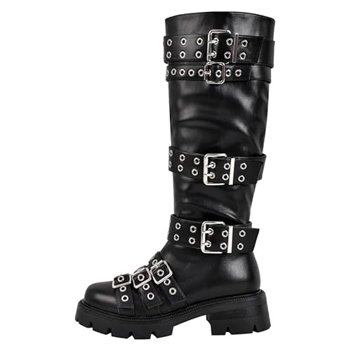 MissHeel Damen Punk Kniestiefel Plateau Blockabsatz Stiefel Gothic Schuhe mit Schnalle und Reißverschluss Schwarz 39 EU von MissHeel