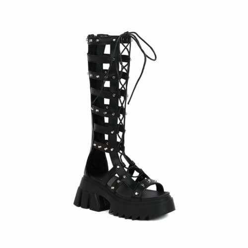 MissHeel Damen Römische Sommer Stiefel Sandalen Langschaft Gladiator Punk Gothe Sommerstiefel PU Schwarz EU 37 von MissHeel