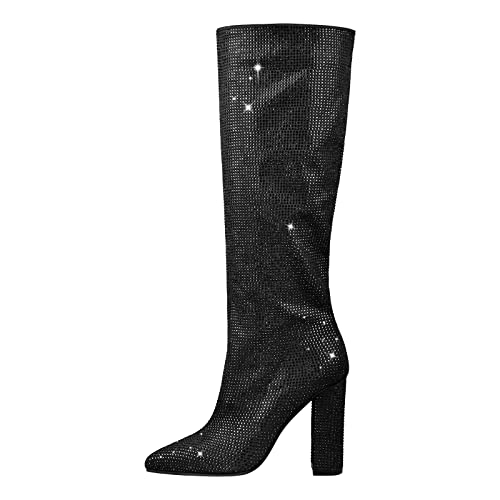 MissHeel Damen Spitze Stiefel Chunky Boots mit Glitter Glitzer Strass Blockabsatz Schwarz 36 EU von MissHeel