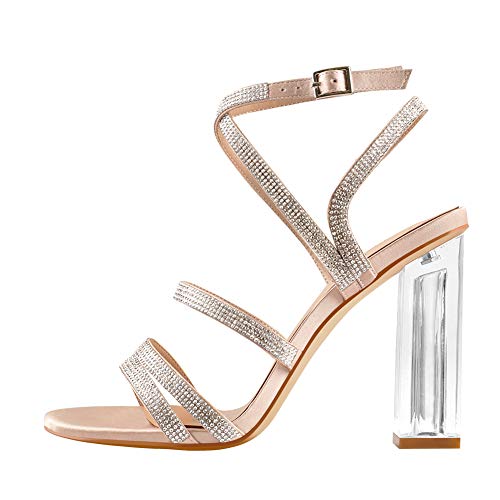 MissHeel Damen Transparente High Heels Blockabsatz Sandaletten strass Sandalen mit Schnalle Glitzer Silber EU 37 von MissHeel