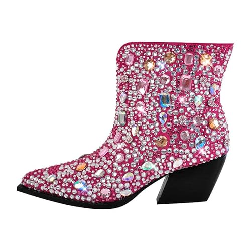 MissHeel Damen Western Stiefeletten Cowboy Ankle Boots Strass Blockabsatz Glänzend Westernabsatz Spitze Cowboystiefel Glitzer Rosa EU42 von MissHeel