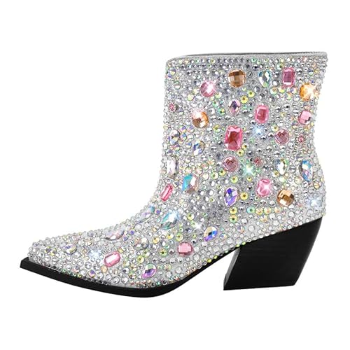 MissHeel Damen Western Stiefeletten Cowboy Ankle Boots Strass Blockabsatz Glänzend Westernabsatz Spitze Cowboystiefel Glitzer Silber EU39 von MissHeel