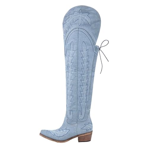 MissHeel Damen Westernstiefel Ziernaht Chunky mit Reißverschluss Schnürer Blau 35 EU von MissHeel