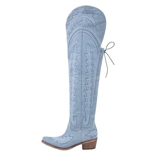 MissHeel Damen Westernstiefel Ziernaht Chunky mit Reißverschluss Schnürer Blau 37 EU von MissHeel