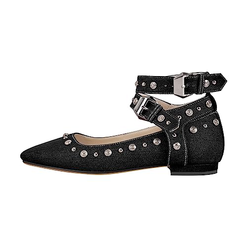 MissHeel Flache Halbschuhe Mary Jane Ballerinas mit Knöchelschnallen Gothic Cool Stil Damenschuhe Prinzessin Flat Shoes Schwarz EU 41 von MissHeel