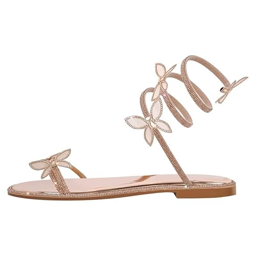 MissHeel Flache Schuhe Riemchensandalen mit Absatz Knöchelriemchen verzierte Schmetterling Strass-Pantoffeln Gold EU 39 von MissHeel