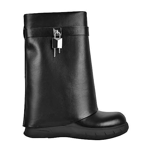 MissHeel Fold Over Stiefeletten Halbstiefel High Heels Damenschuhe Runde Zehen Stiefel Keilabsatz Bequeme Stiefel Schwarz EU 45 von MissHeel