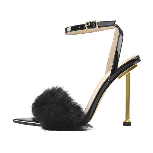 MissHeel Frauen Sandaletten mit Pfennigabsatz Puschel Pelzpompon Stöckelschuhe Schwarz EU 42 von MissHeel