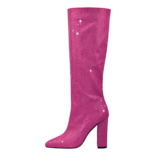 MissHeel Frauen Schlupfstiefel mit Blockasbatz Kniehoch Glänzende Stiefel Modische Tanzschuhe Absatzstiefel Übergröße Pink Rosa EU 44 von MissHeel