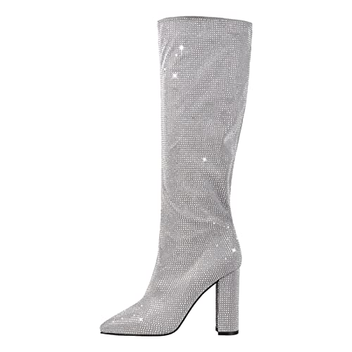 MissHeel Frauen Stiefel Geschlossene Spitze mit Strasssteinen Kniehohe High Boots Silber 37 EU von MissHeel
