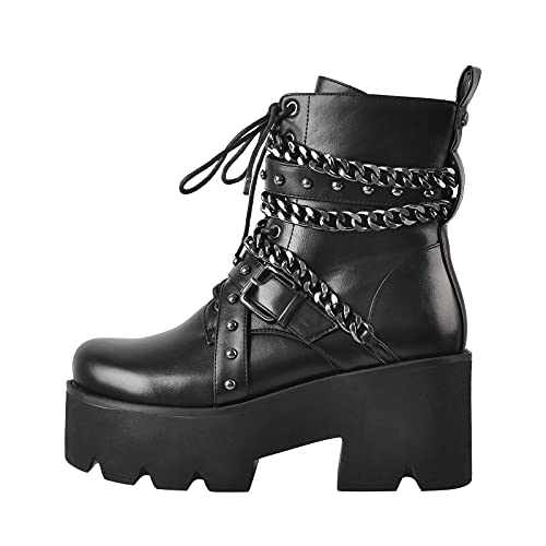 MissHeel Goth Plateau Knöchelstiefel Kurzschaft Stiefeletten Blockabsatz Profilsohle Metall Ketten Schwarz 42 EU von MissHeel