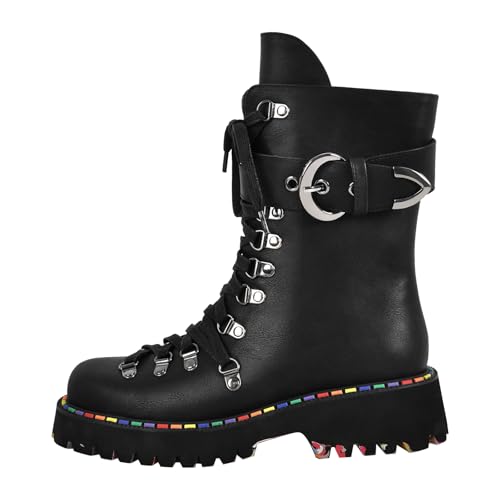 MissHeel Goth Plateau Knöchelstiefel Kurzschaft Stiefeletten Blockabsatz Profilsohle Schnalle Reißverschluss Schwarz EU 37 von MissHeel