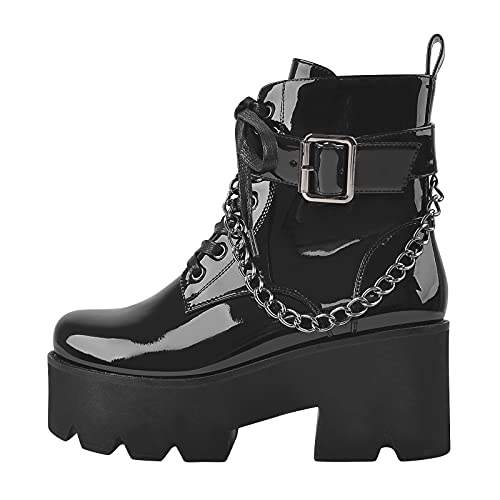 MissHeel Gothic Ankle Boots Lace Up Plattform Boots with Chunky Heels Buckles Metalchain Black EU 39 von MissHeel