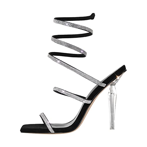 MissHeel High Heels Sandaletten mit Pfennigabsatz Damenschuhe Glänzende Absatzschuhe Verzierte Knöchelriemchen EU 38 von MissHeel