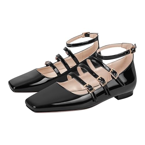 MissHeel Klassische Ballerinas Flache Halbschuhe Mary Jane mit Riemchenschnallen Pumps Schwarz EU 45 von MissHeel