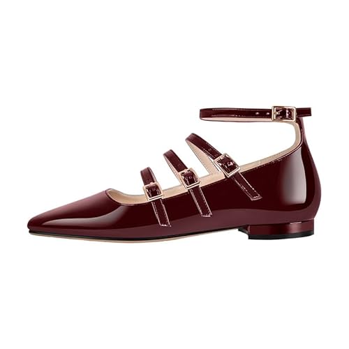 MissHeel Klassische Ballerinas Flache Halbschuhe Mary Jane mit Riemchenschnallen Pumps Weinrot EU 38 von MissHeel
