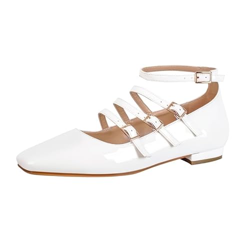 MissHeel Klassische Ballerinas Flache Halbschuhe Mary Jane mit Riemchenschnallen Pumps Weiß EU 37 von MissHeel