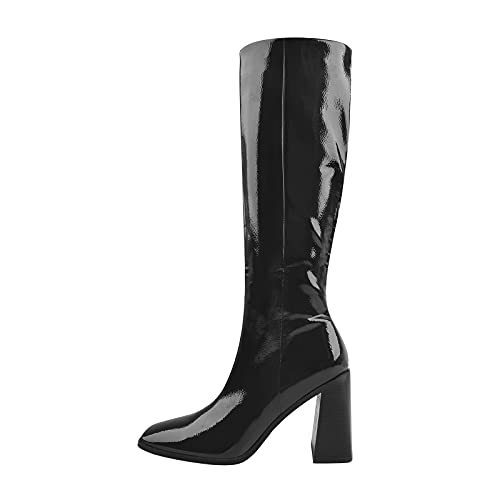 MissHeel Kniehohe Langschaft Stiefel mit Blockabsatz Chunky Heels High Heels Weitschaftschaft Lack Schwarz EU 45 von MissHeel