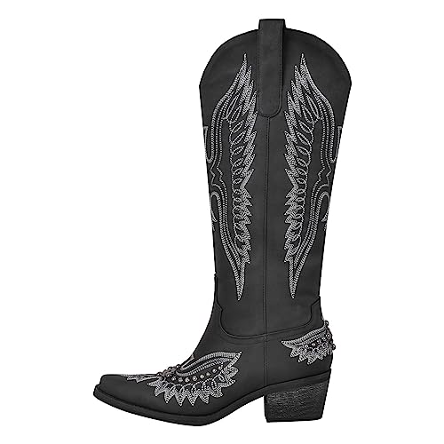 MissHeel Langschaft Stiefel mit Blockabsatz Mid Calf Boots Bestickte Westernstiefel verzierte Stickerei Schwarz EU 46 von MissHeel