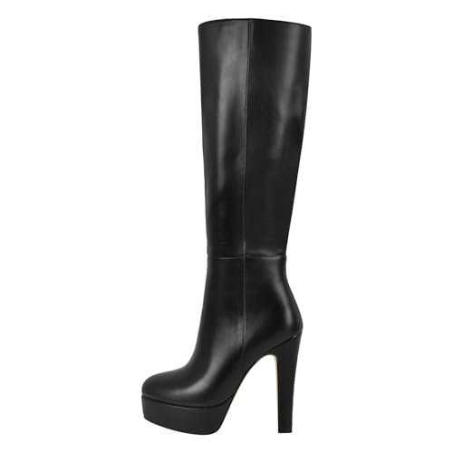 MissHeel Mode-Stiefel Plateau High Heels Reißverschluss Pfennigabsatz Stretch Boots PU Leder Schwarz EU43 von MissHeel