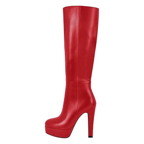 MissHeel Mode-Stiefel Plateau High Heels Reißverschluss Pfennigabsatz Stretch Boots Rot EU43 von MissHeel