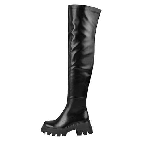 MissHeel Over Knee Stiefel for Damen Platform Thigh High Stiefel Schwarz Langschaft Stretch Reitstiefel mit Reißverschluss PU-Leder EU45 von MissHeel
