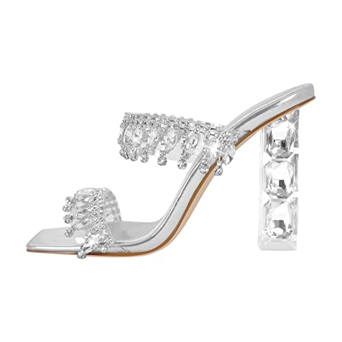 MissHeel Pantoletten mit Kristall Absatz Flip Flop High Heels Sommersandalen verzierte Kristallen Strass Schmucksteinen Silber EU 42 von MissHeel
