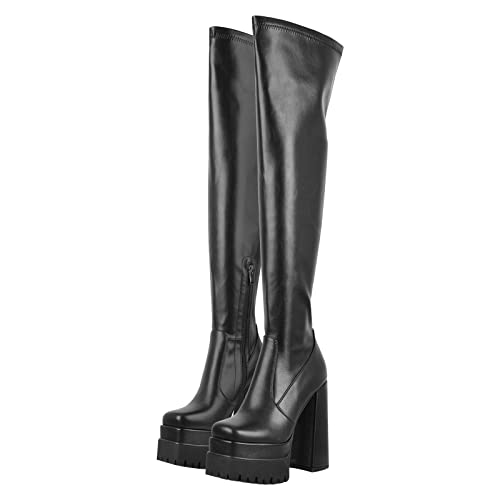 MissHeel Plateau Langschaft Stiefel Overknee Blockabsatz Stretch Boots Punk Cool Gothic Sexy High Boots EU 44 von MissHeel