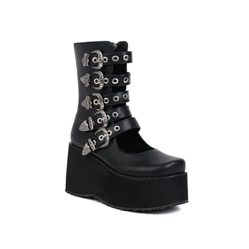 MissHeel Plateau Mary Jane Boots Lolita Gothic Stiefeletten mit Schnellen Halbstiefel Riemchenpumps Dunkler Stil Schwarz EU 39 von MissHeel