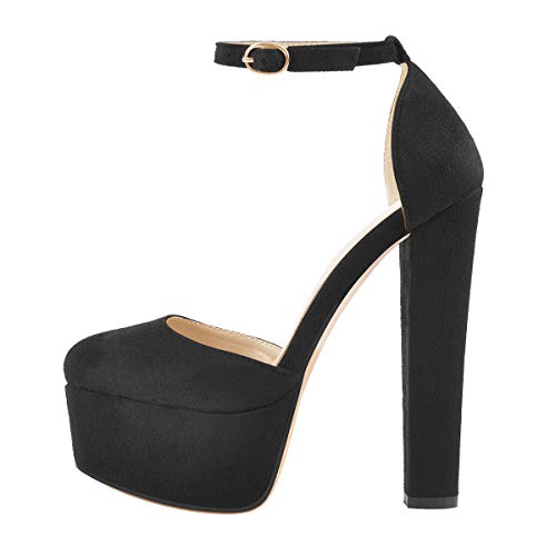 MissHeel Plateau Mary Janes Blockabsatz Schnallen High Heels Schwarz Faux Suede EU 36 von MissHeel