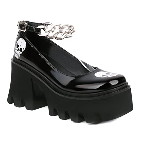 MissHeel Plateau Mary Janes Lolita Gothic Riemchenpumps mit Ketten High Heels Totenkopf Muster Schwarz EU 43 von MissHeel